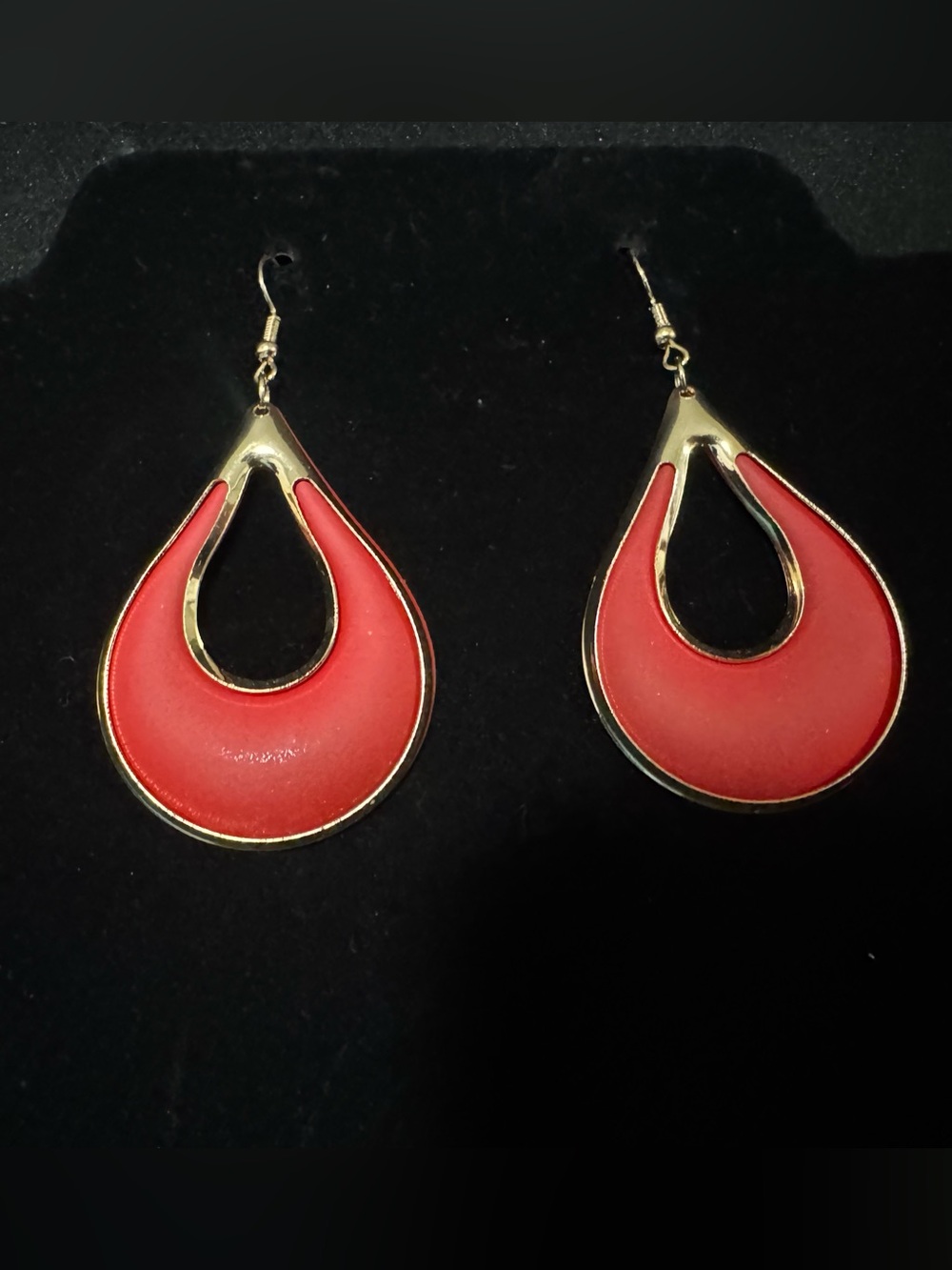 Red Teardrop Hoop Earrings - Gold Accent